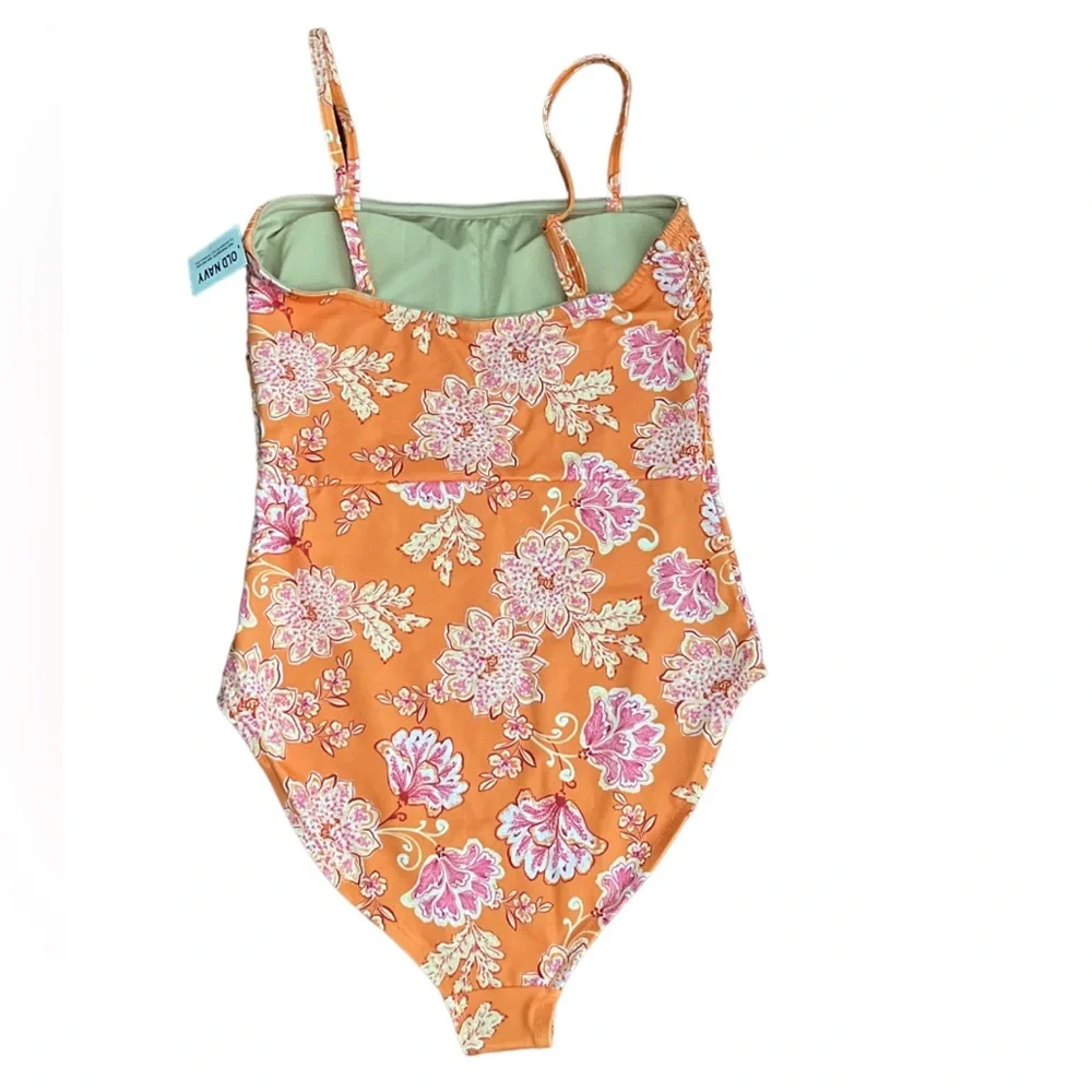 NEW Old Navy Floral One Piece Swimsuit Women's Size XS Smocked Orange NWT